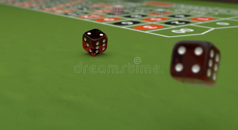 Casino theme, playing chips and red dices on a gaming table, 3d illustration