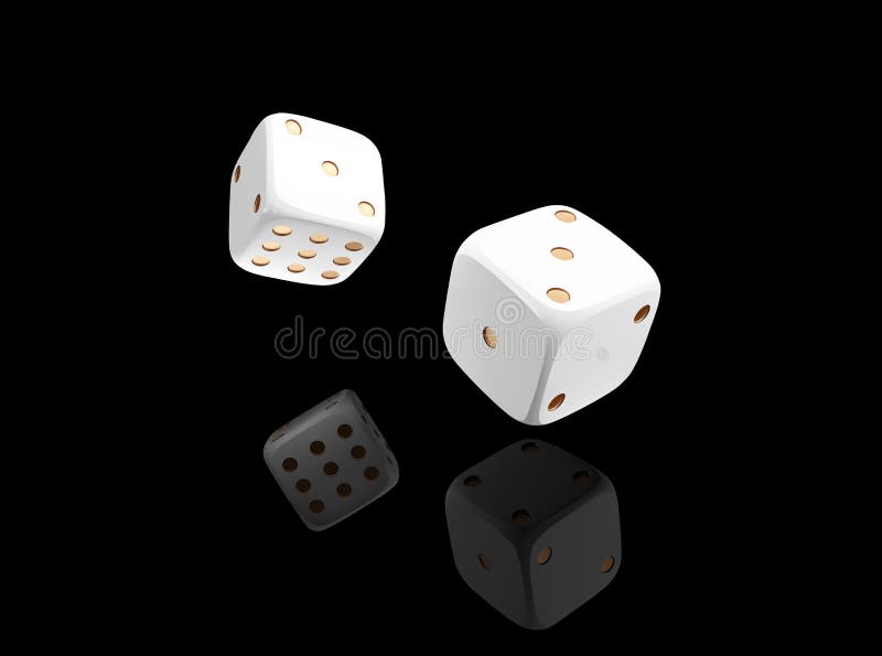 3d illustration: Four colored plastic board game pieces with reflection and  two white dice with black dots isolated on white background Stock  Illustration