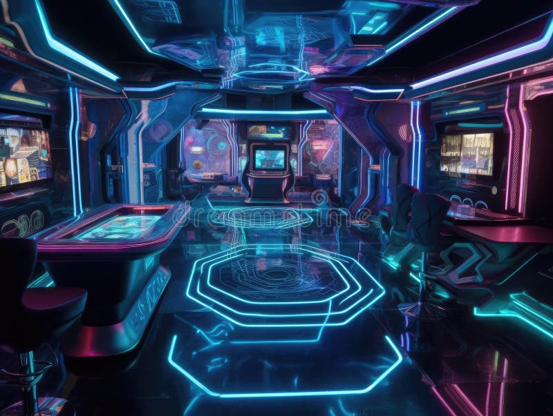 Casinò olografico futuristico con intrattenimento immerso illustrazione vettoriale