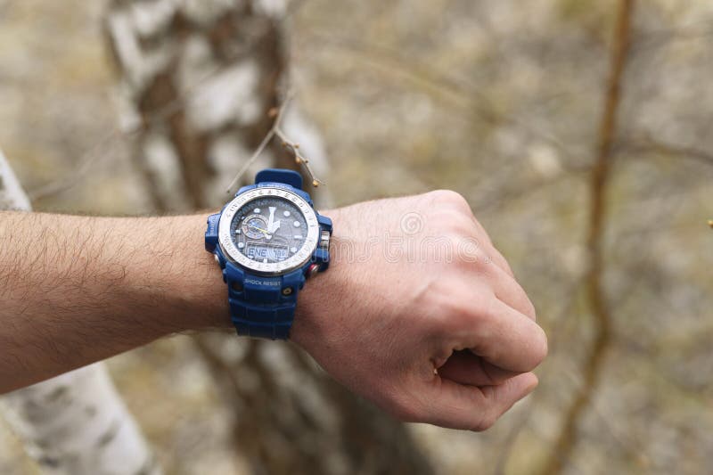 Casio G-shock GWN-1000 Watches Blue Color from the Electronics Manufacturer  Company Casio. Men`s Wrist Watch on the Male Hand of Editorial Stock Photo  - Image of barometer, object: 191424898