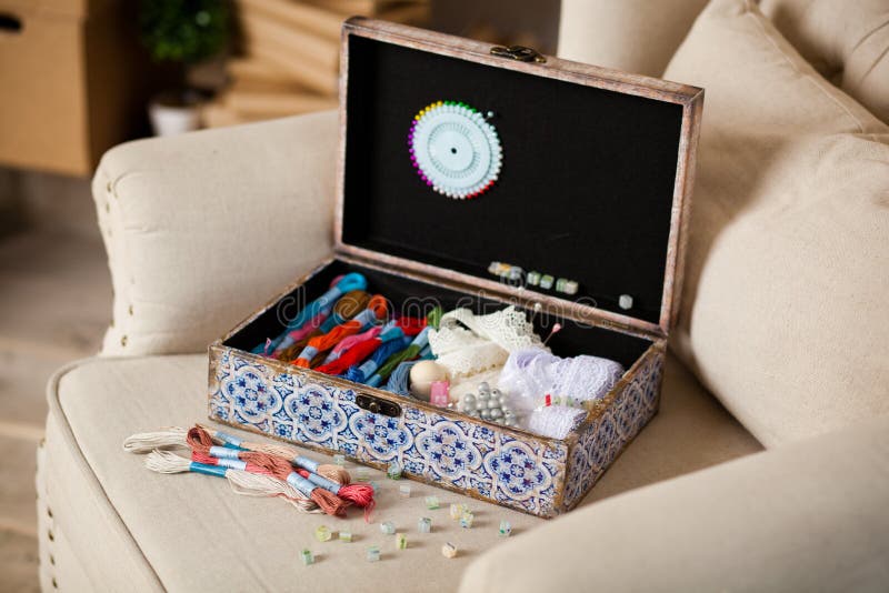 Casket for Needlework, Sewing in Style Interior. Using for Atelier and