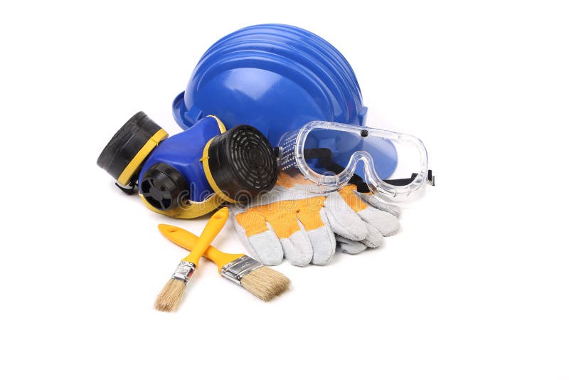 Casque de sécurité bleu avec le respirateur et les lunettes. images libres de droits Casque de sécurité bleu avec le respirateur et les lunettes. images libres de droits