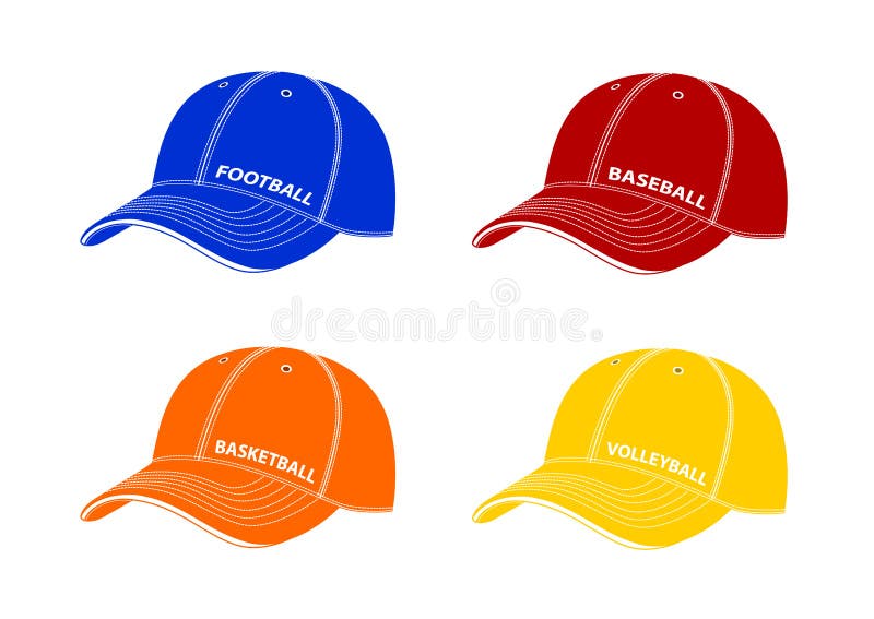 Casquettes de baseball avec des inscriptions de différents sports Illustration de vecteur sur un fond blanc illustration stock Casquettes de baseball avec des inscriptions de différents sports Illustration de vecteur sur un fond blanc illustration stock