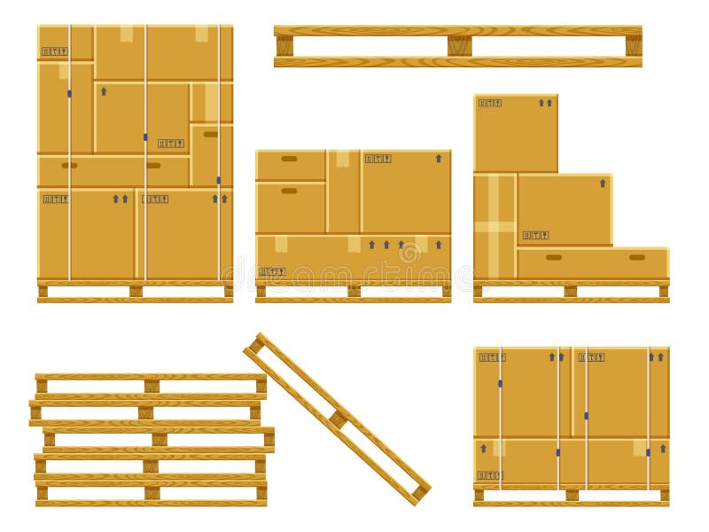 Cassa di carico. scatole di imballaggio per la consegna di cartone su scatole di deposito di imballaggi in cartone con paletta di illustrazione vettoriale