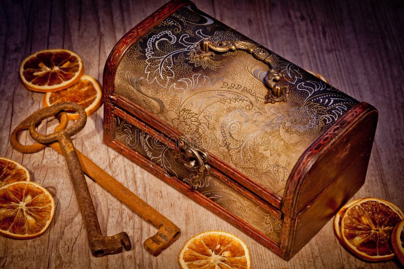 Vintage treasure chest with old metal keys. Vintage treasure chest with old metal keys