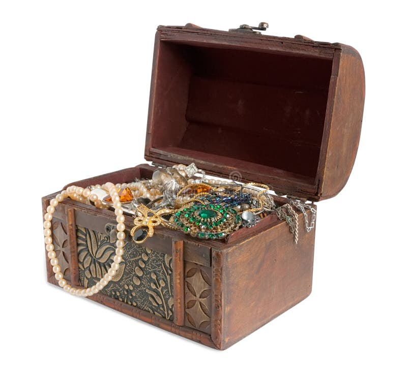 Wooden treasure chest with valuables, isolated with clipping path. Wooden treasure chest with valuables, isolated with clipping path