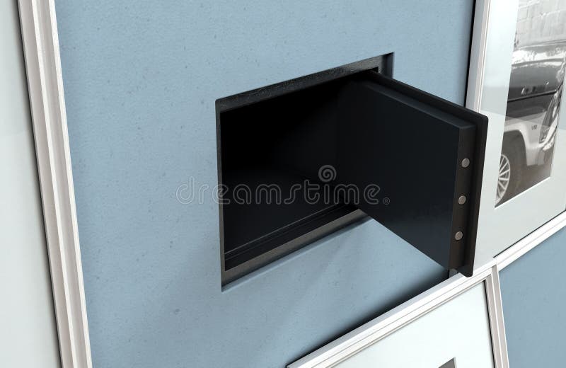 An open hidden wall safe revealed behind a hanging framed picture on a flat blue wall in a house with shiny wooden floors - 3D render. An open hidden wall safe revealed behind a hanging framed picture on a flat blue wall in a house with shiny wooden floors - 3D render