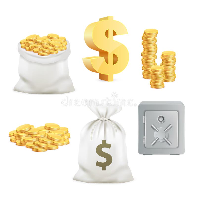 Cassaforte, simbolo di dollaro, moneta di oro e moneybag insieme dell'icona di vettore 3d royalty illustrazione gratis Cassaforte, simbolo di dollaro, moneta di oro e moneybag insieme dell'icona di vettore 3d royalty illustrazione gratis