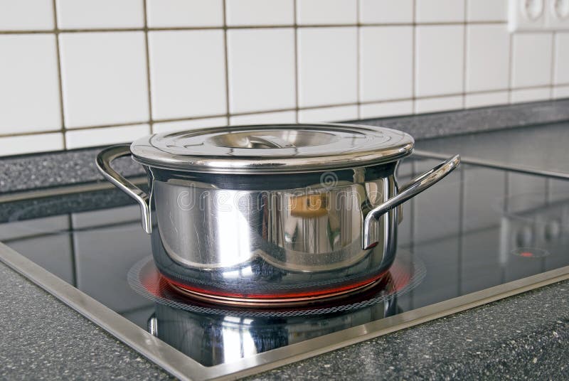 Saucepan with lid stands on the electric cooker. Saucepan with lid stands on the electric cooker