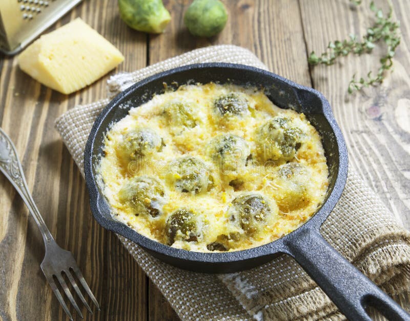 Casserole with brussels sprouts royalty free stock image