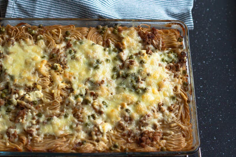 Casserole with Pasta, Meat and Green Peas. View from Above Stock Photo