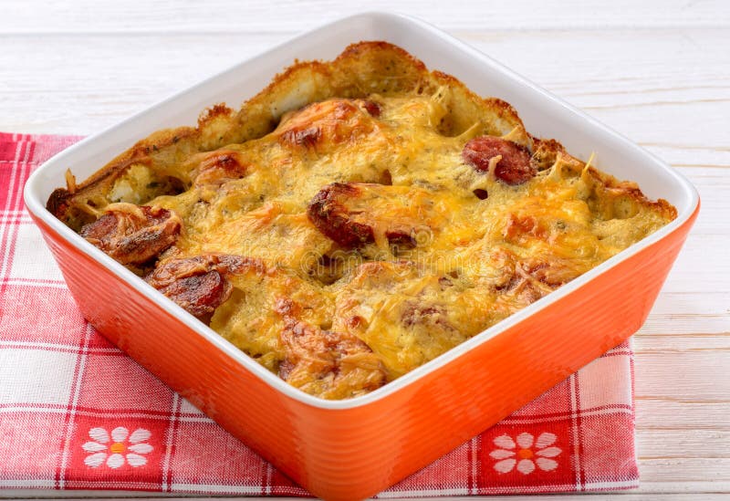 Casserole with Potatoes, Sausages, Tomatoes and Cheese. Stock Image
