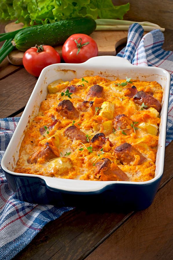 Casserole with Sausage, Bacon and Apples Stock Photo Image of
