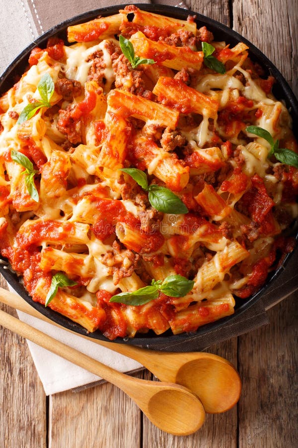 Casserole Ziti Pasta with Minced Meat, Tomatoes, Herbs and Cheese Close ...