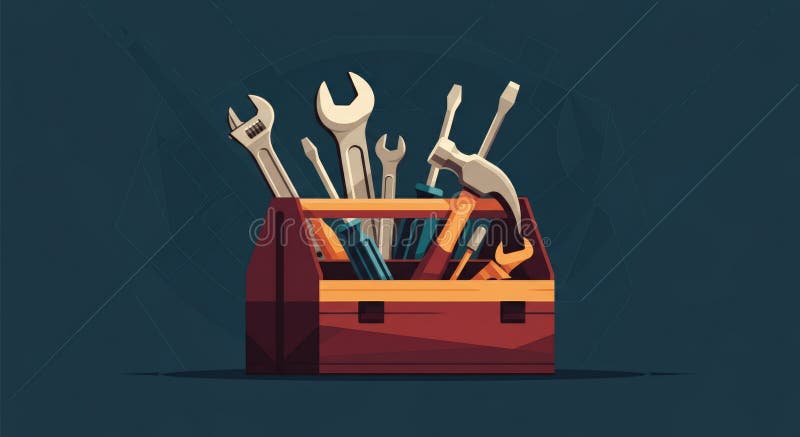 Cassetta di legno riempita di vari utensili, tra cui martelli a chiave e cacciaviti, su fondo scuro royalty illustrazione gratis