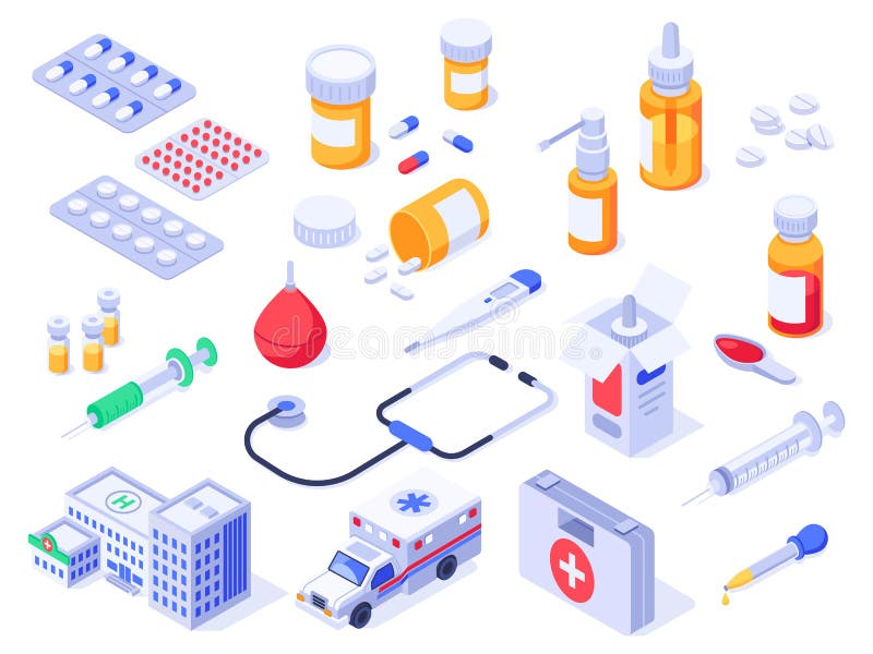 Cassetta di pronto soccorso isometrica Pillole di sanità, medicine della farmacia e bottiglie mediche della droga L'ambulanza 3d