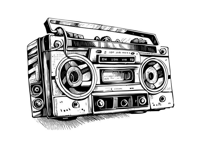 Cassette tape recorder retro style sketch hand drawn Music concept