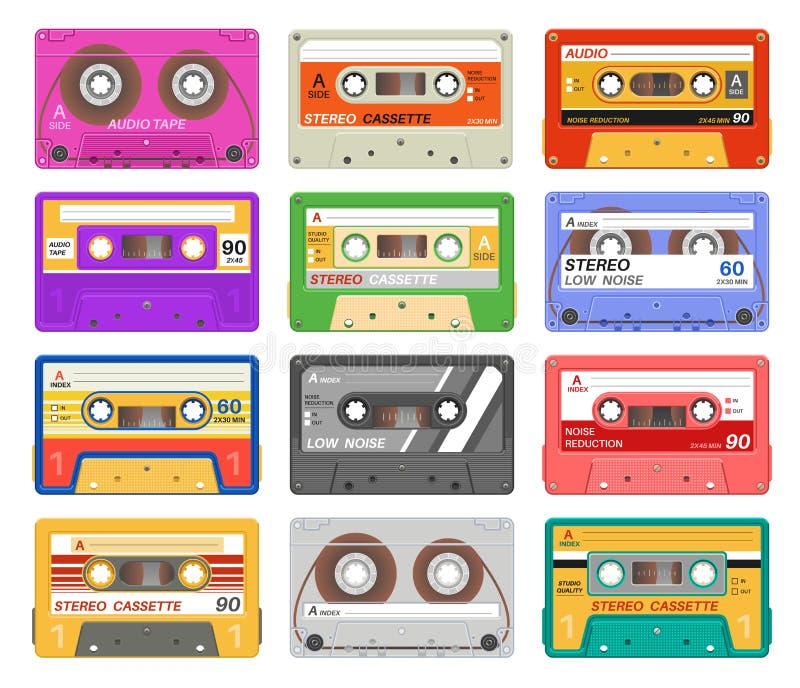 Cassettes Casete audio retro de diversa del color cinta de la música Viejo dispositivo de registro de los medios del vintage de l ilustración del vector