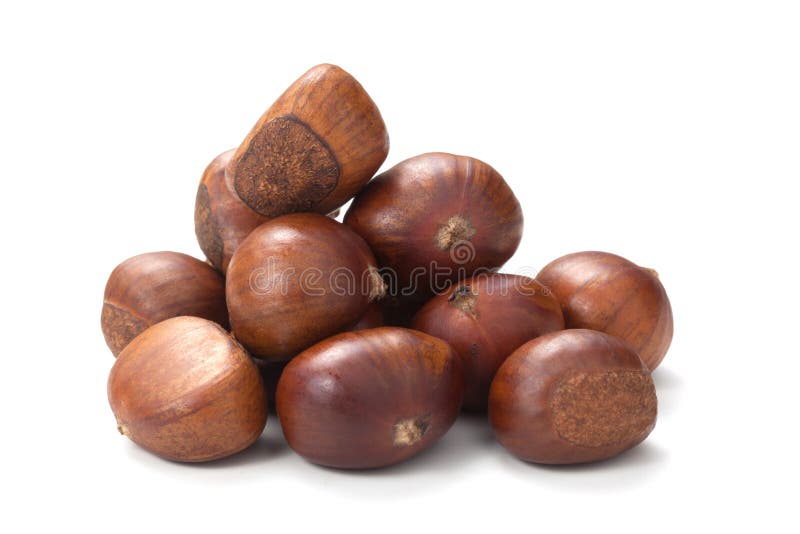 Piles of three fresh Chinese chestnut isolated on white background. Piles of three fresh Chinese chestnut isolated on white background.