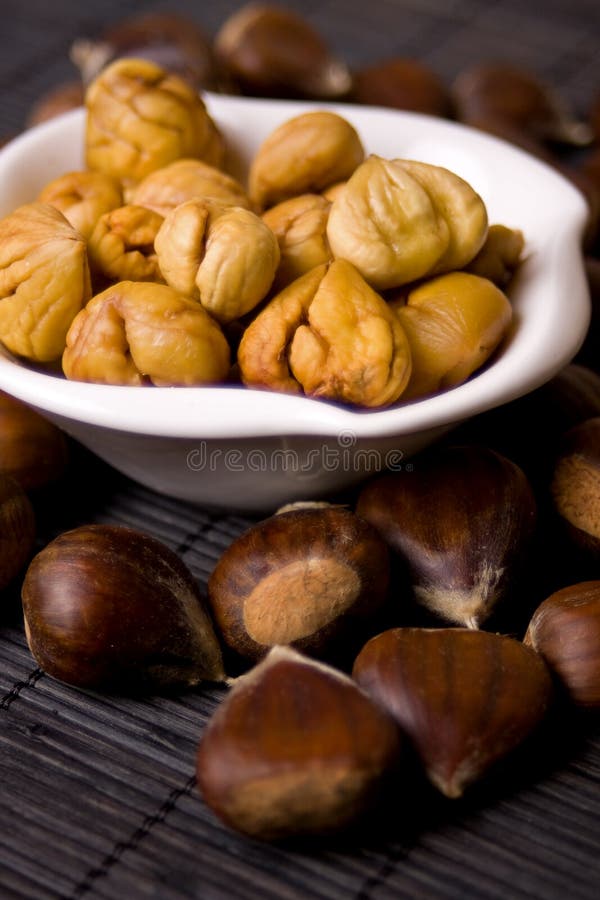 Cooked chestnut served as snack in a bowl. Cooked chestnut served as snack in a bowl