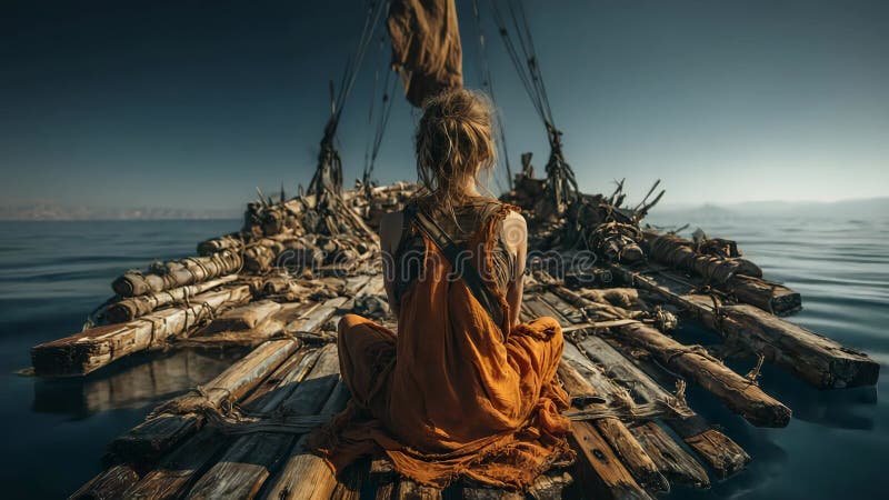 Castaway Mädchen sitzend auf Ruinen von Holzschiff in der Mitte des Meeres warten ihr Schicksal. lizenzfreie abbildung