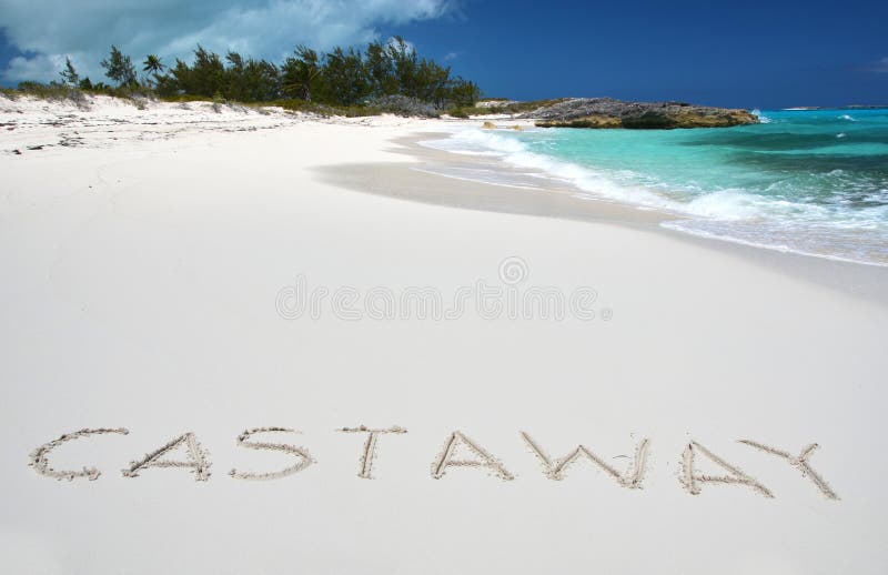 Castaway writing na pustynnej plaży obrazy stock Castaway writing na pustynnej plaży obrazy stock