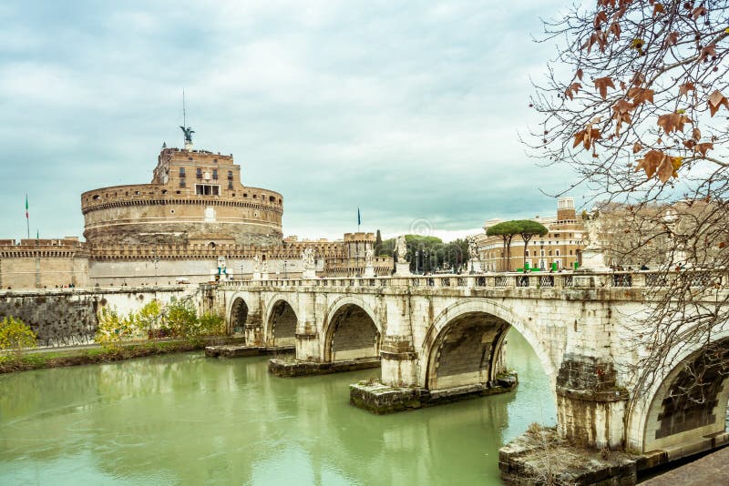 Castel Mausoleo di Adriano and Ponte Sant Angelo over the river Tiber in Rome Italy Europe Winter Travel Cities. Castel Mausoleo di Adriano and Ponte Sant Angelo over the river Tiber in Rome Italy Europe Winter Travel Cities