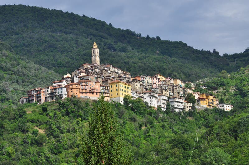 The hanging medieval village of Castel Vittorio by Pigna, province of Imperia, Liguria, Italy. The hanging medieval village of Castel Vittorio by Pigna, province of Imperia, Liguria, Italy