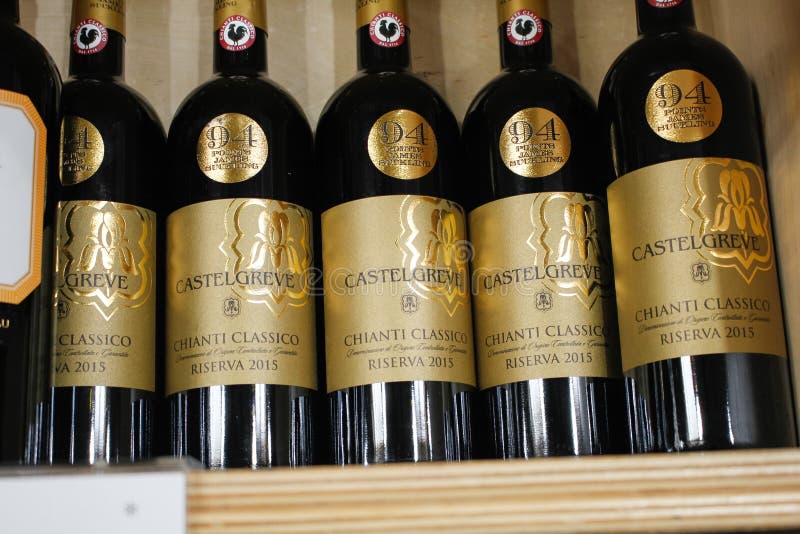 Los Angeles, California, United States - 04-06-2021: A view of several bottles of Castelgreve chianti classico riserva 2015, on display at a local grocery store.