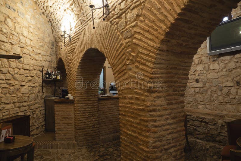 CASTELLAR DE LA FRONTERA, SPAIN - JUNE 21, 2019: Interior of a Restaurant  Cafeteria of Castillo De Castellar in the Province of C Editorial Image -  Image of restaurant, table: 166689295