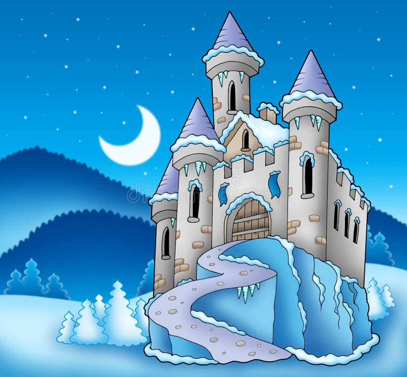 Castello congelato nel paesaggio di inverno