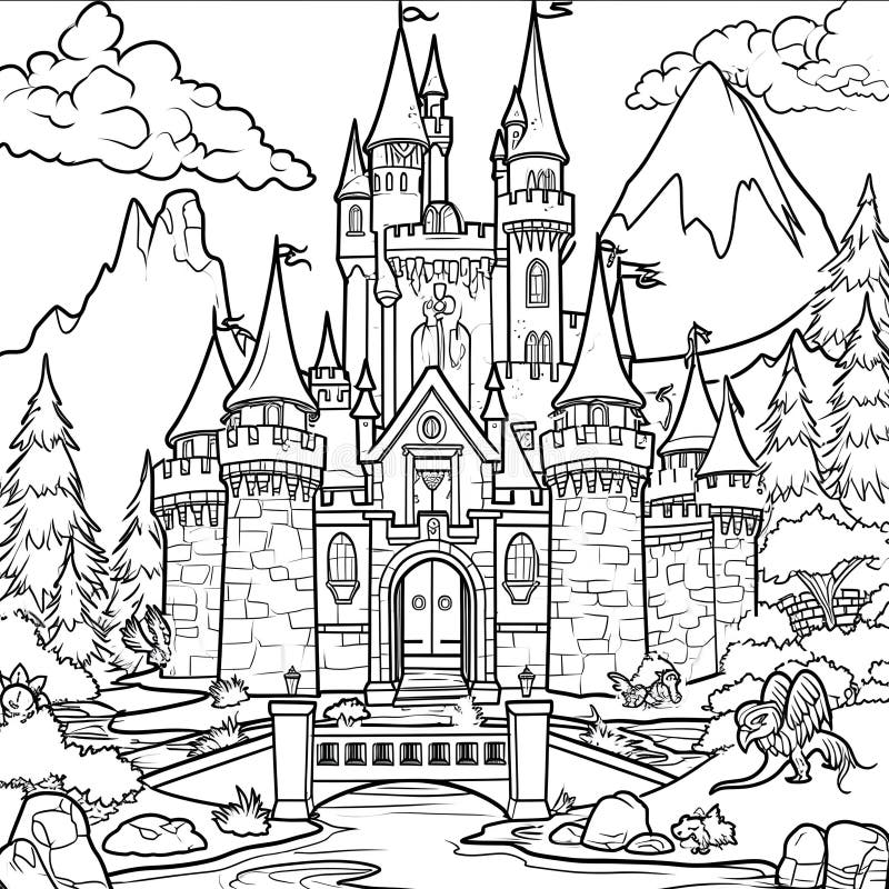 Castello di favola. Una pagina colorata che mostra un grande castello di fiabe con ponti per torri e una fossa del castello è circondata da creature mitiche come griffijpe ai