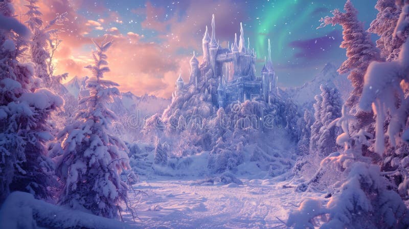 A majestic ice castle stands tall under the captivating aurora borealis, in a magical winter wonderland with a polar bear observing the scene. Resplendent. AI generated. A majestic ice castle stands tall under the captivating aurora borealis, in a magical winter wonderland with a polar bear observing the scene. Resplendent. AI generated