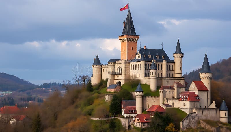 Castello di Hilltop Medieval Architecture Generative AI. Un castello su una collina che mostra l'architettura medievale edifici storici e la struttura di una fortezza in un paesaggio scenico con una struttura classica di castelli e fascino storico. Questa immagine cattura i castelli montati sulla collina Generative AI