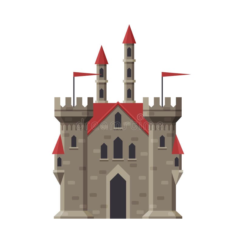 Castello di Pietra Medievale, Fortezza di Fairytale con Torri Rosse, Vecchio Vettore Fortificato Di Palazzo royalty illustrazione gratis Castello di Pietra Medievale, Fortezza di Fairytale con Torri Rosse, Vecchio Vettore Fortificato Di Palazzo royalty illustrazione gratis