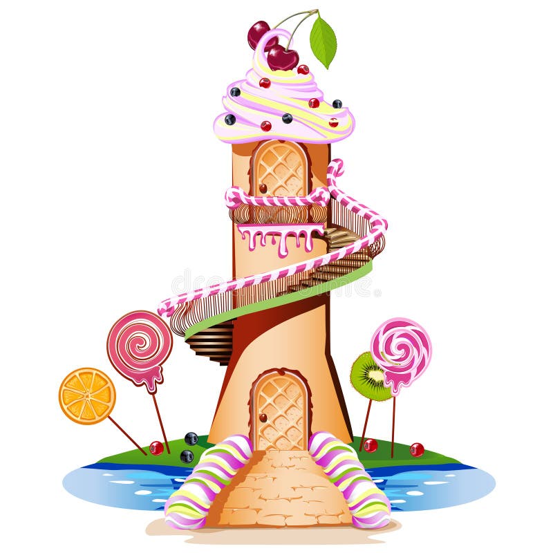 Castello dolce con un tetto color crema e un pezzo di caramella illustrazione vettoriale Castello dolce con un tetto color crema e un pezzo di caramella illustrazione vettoriale