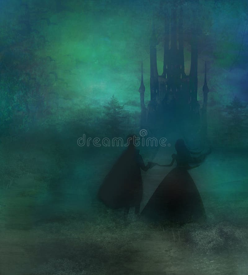 Castello e principessa magici con principe illustrazione di stock Castello e principessa magici con principe illustrazione di stock