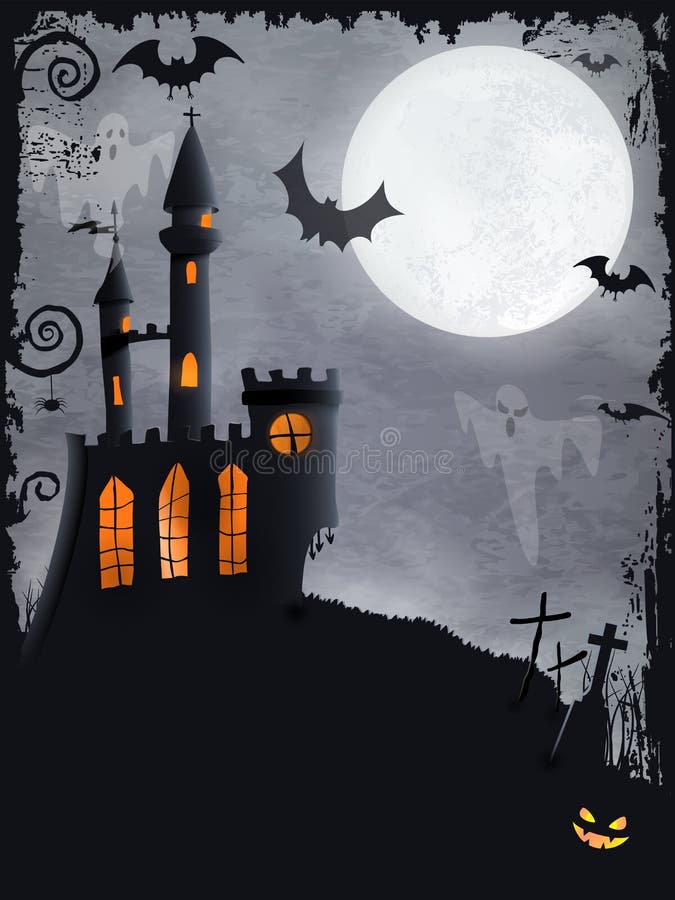 Halloween background with haunted castle, bats, ghosts, full moon and grunge elements. Halloween background with haunted castle, bats, ghosts, full moon and grunge elements