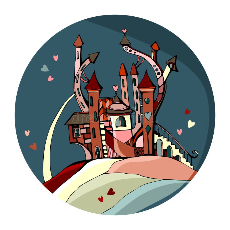 Castello sveglio per il giorno di biglietti di S. Valentino Bella carta del cerchio con il fatato illustrazione vettoriale Castello sveglio per il giorno di biglietti di S. Valentino Bella carta del cerchio con il fatato illustrazione vettoriale