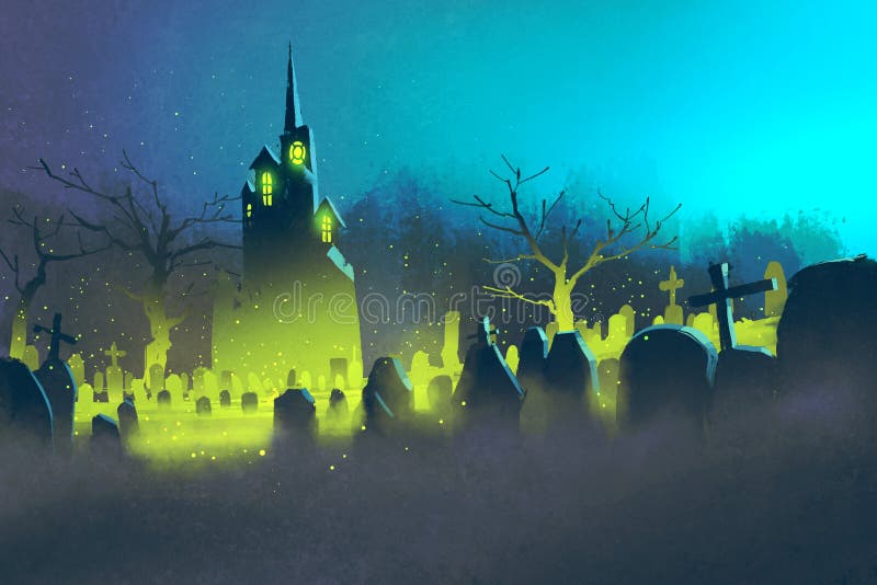 Castelo assustador, conceito de Dia das Bruxas, cemitério na noite ilustração do vetor Castelo assustador, conceito de Dia das Bruxas, cemitério na noite ilustração do vetor