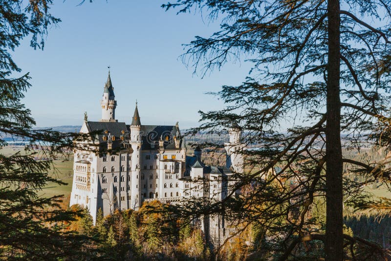Castillo de Neuschwanstein a través de árboles imagen de archivo Castillo de Neuschwanstein a través de árboles imagen de archivo