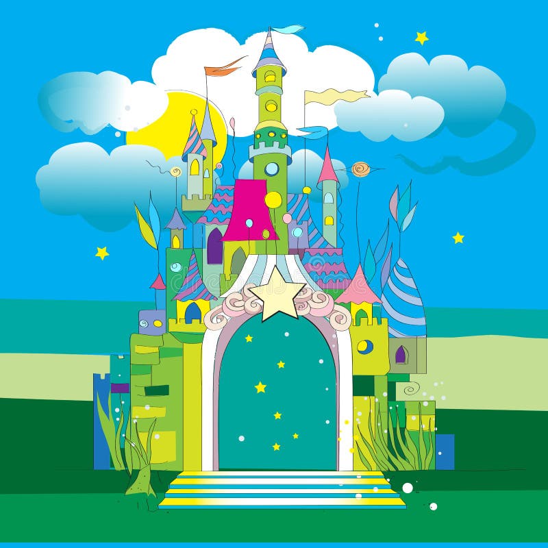 Hand drawn illustration of a fairytale castle on a green meadow under a blue cloudy sky of a starry night. Grass night sky background vectors