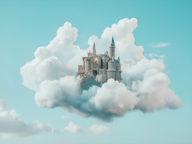 Castle on cloudscape, light blue sky, floating island, fantasy setting, aerial view vector illustration