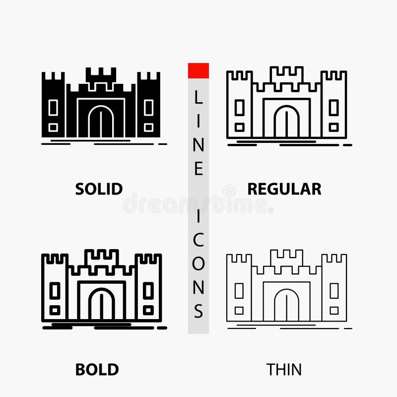 Castle, defense, fort, fortress, landmark Icon in Thin, Regular, Bold Line and Glyph Style. Vector illustration