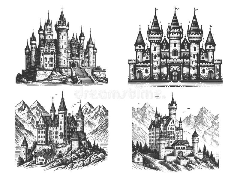 Castle engraving set vector collection vector illustration