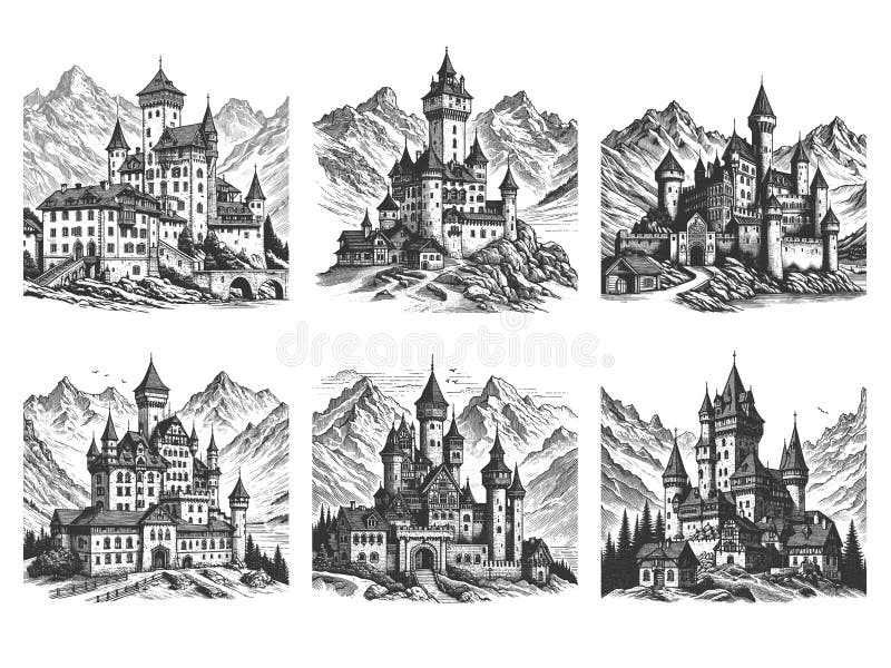 Castle engraving set vector collection vector illustration