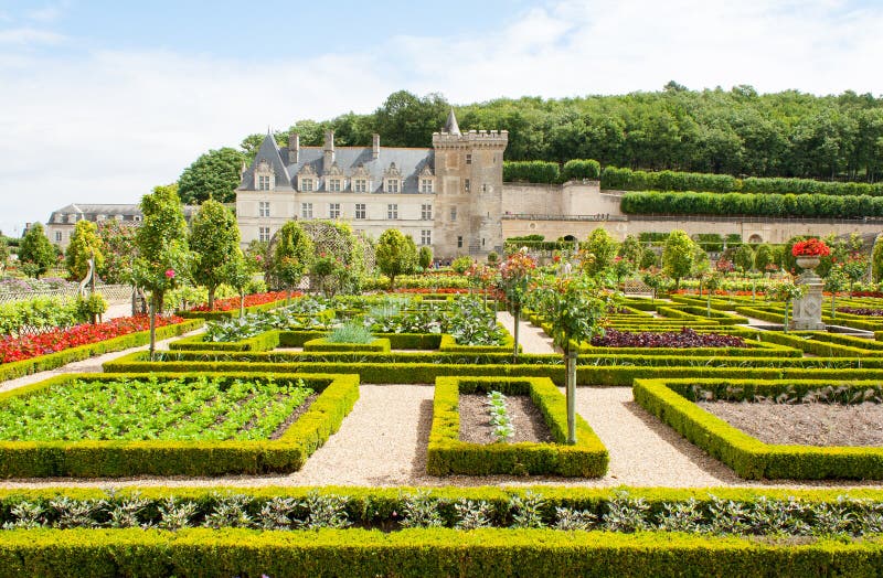 Castle Gardens with Boxwood and Vegetables and Flowers. Stock Photo