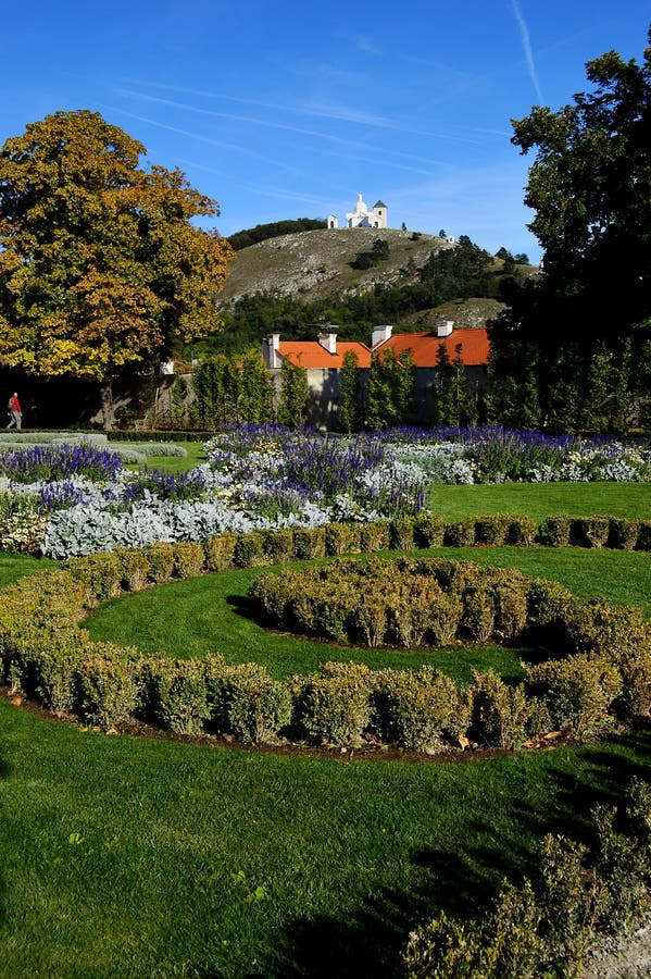 The castle gardens and view to Holy Hill Mikulov town Czech republic stock photos The castle gardens and view to Holy Hill Mikulov town Czech republic stock photos