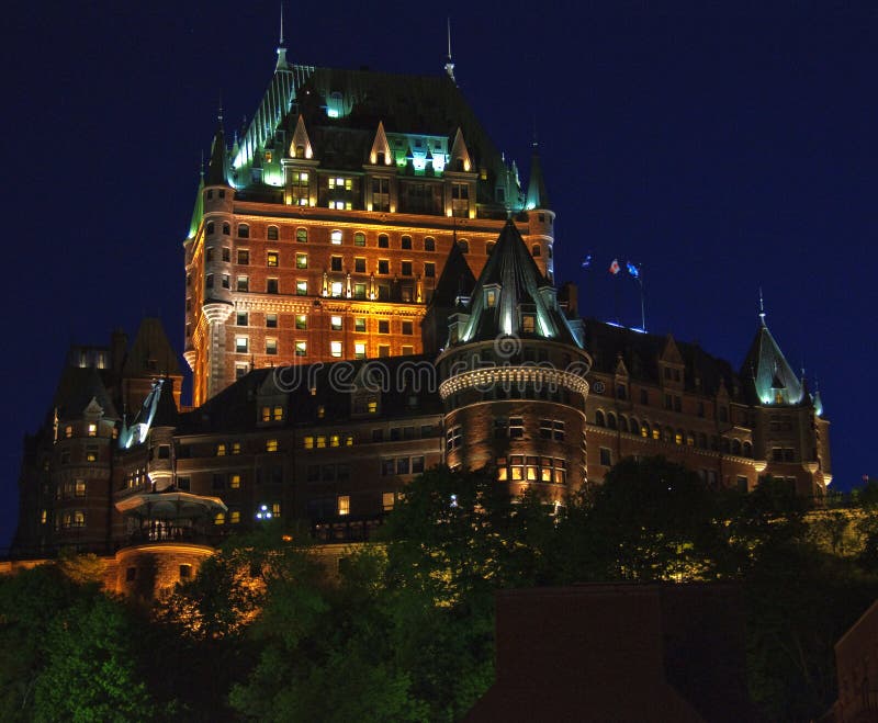 Castle on hill in quebec city at night