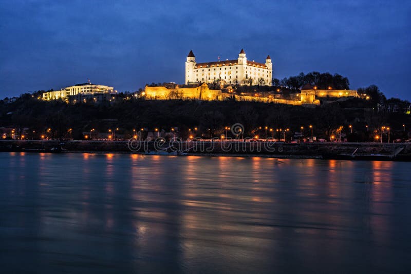 Castle and house of parliament, Slovakia, night photo